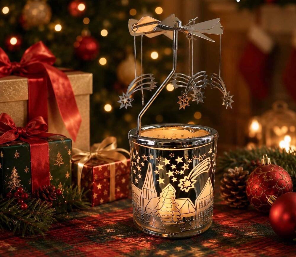Vintage Holy Night spinning carousel tea light candle holder silver Christmas 5”